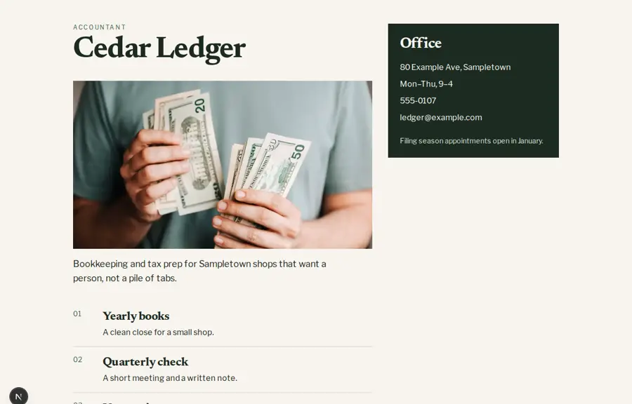 Cedar Ledger sample, Home