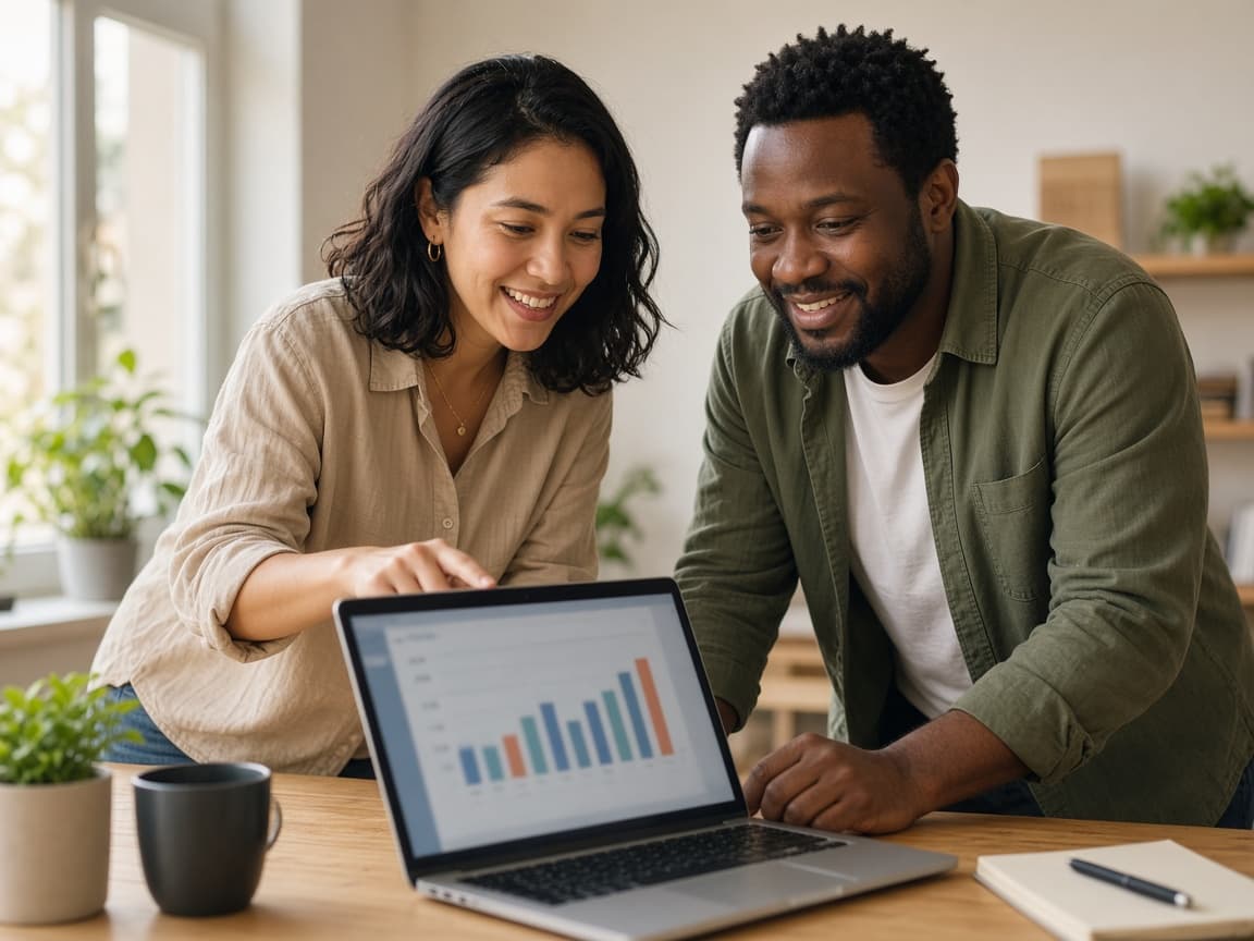 Reviewing ad results together on a laptop with a client