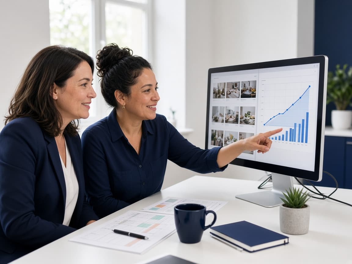 A bright desk with a laptop showing charts, printed photos, and color swatches